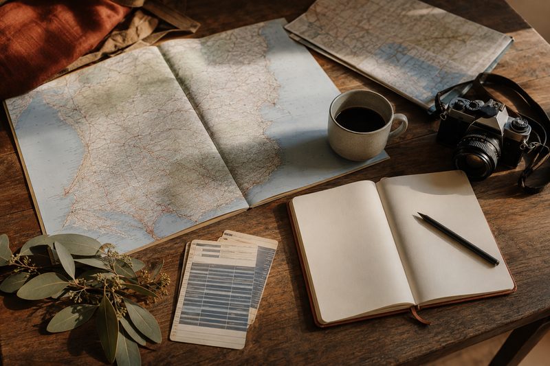 A travel editor’s desk with maps, notebook and camera